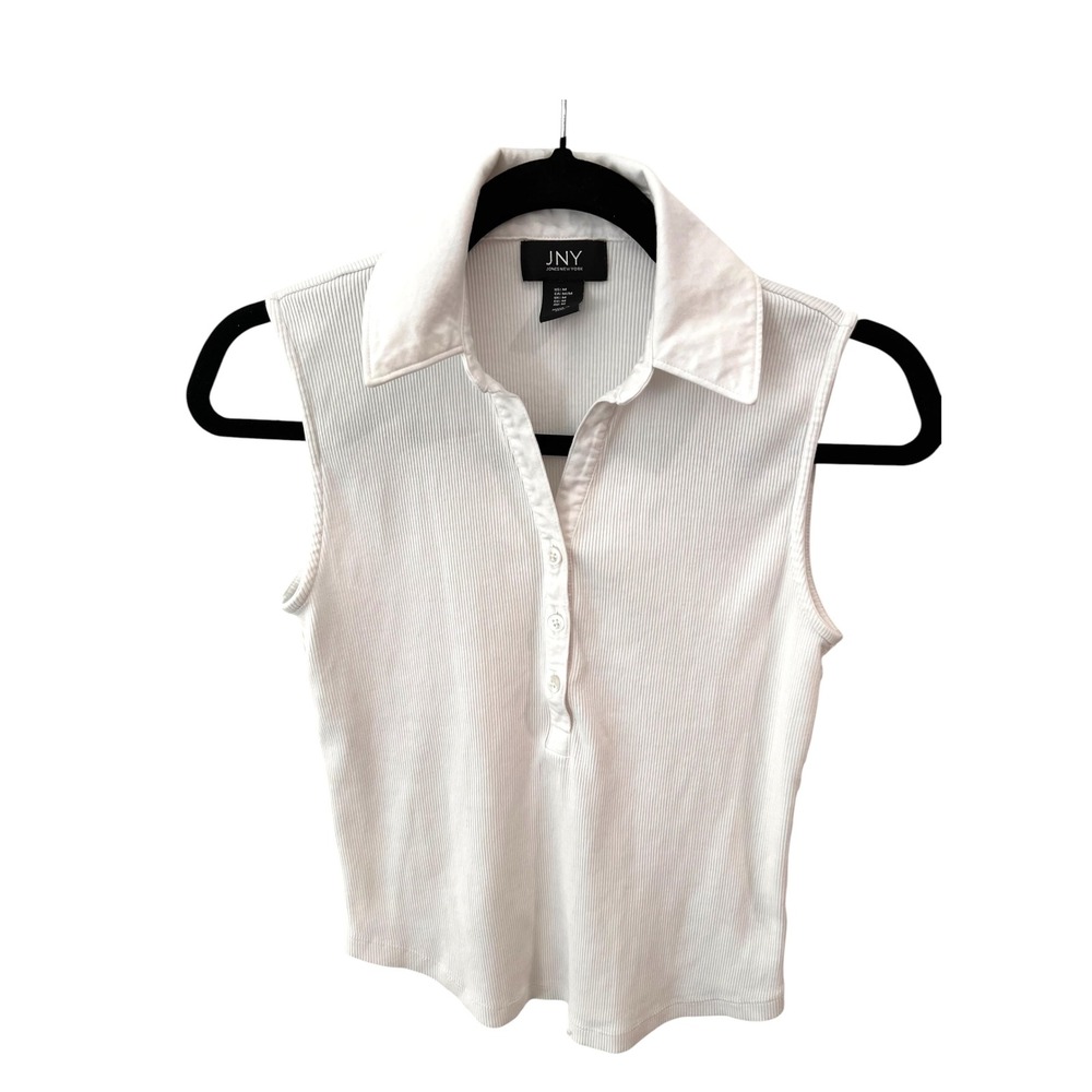 Preppy White Country Club Tennis Ribbed Sleeveless Polo Top Cotton Spandex M